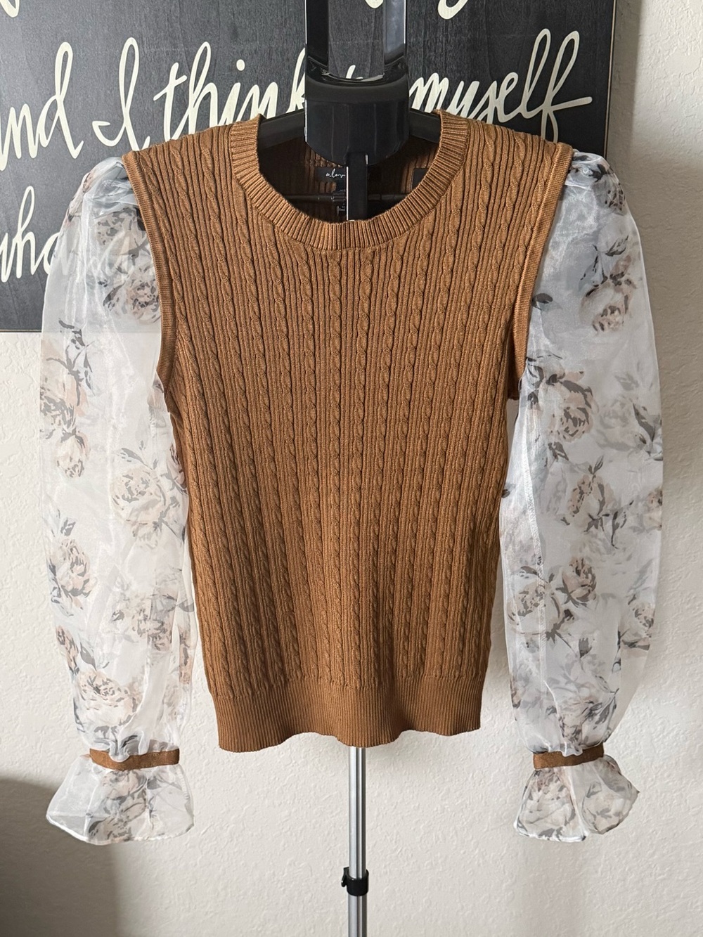 A Love Story Cable Knit with Floral Sheer Puff Sleeves NWOT